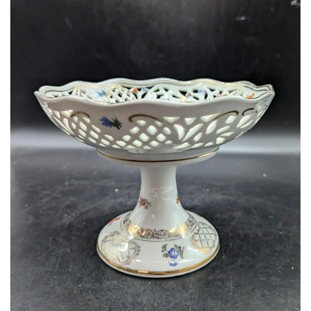 Schumann Dresden Hand Painted Round Floral Compote Pedestal Reticulated Bowl